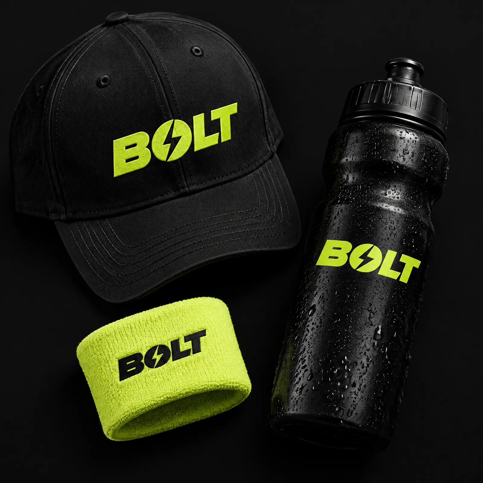 The BOLT logo on a cap, a sports bottle and a wristband