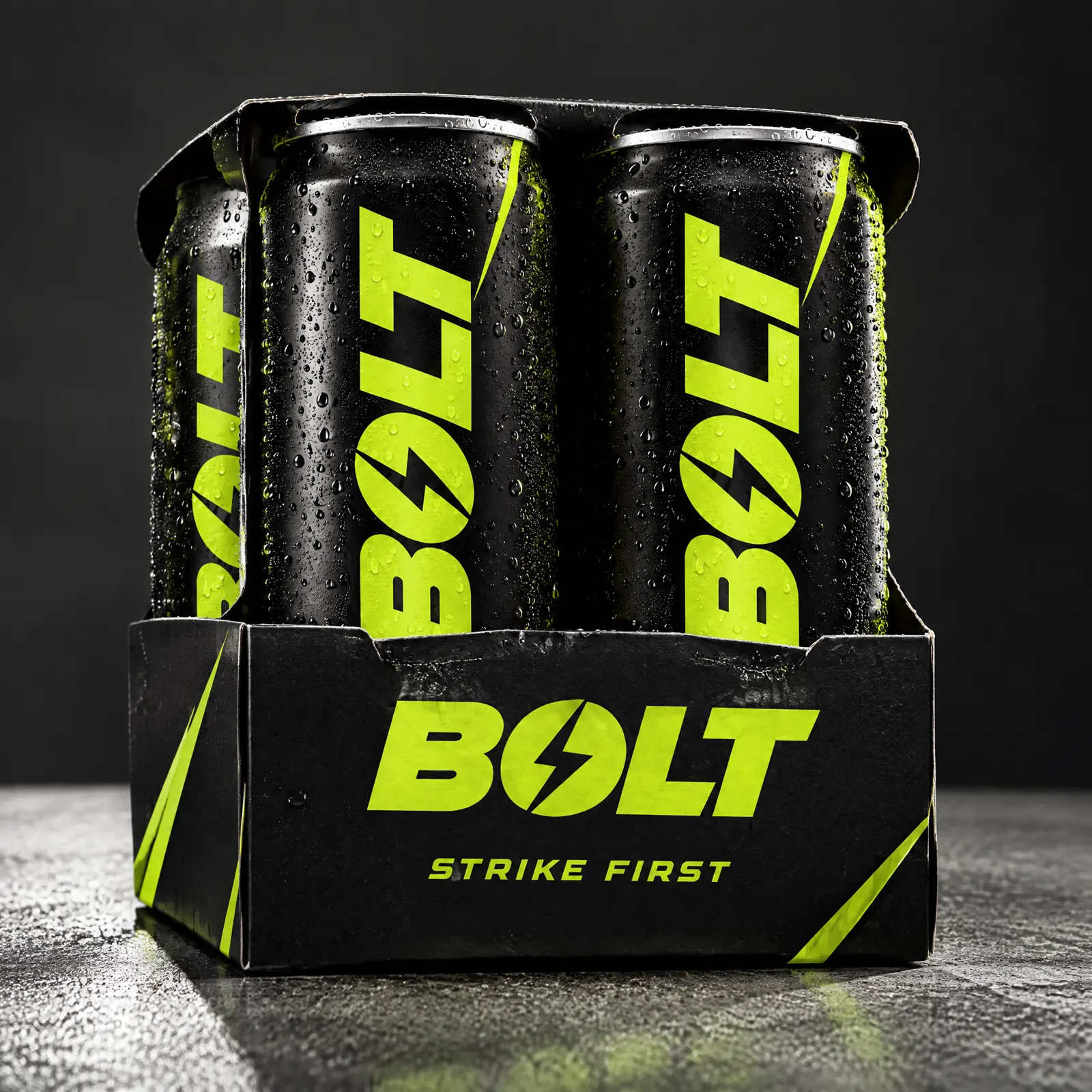 The printed BOLT 4-pack carrier with four cans