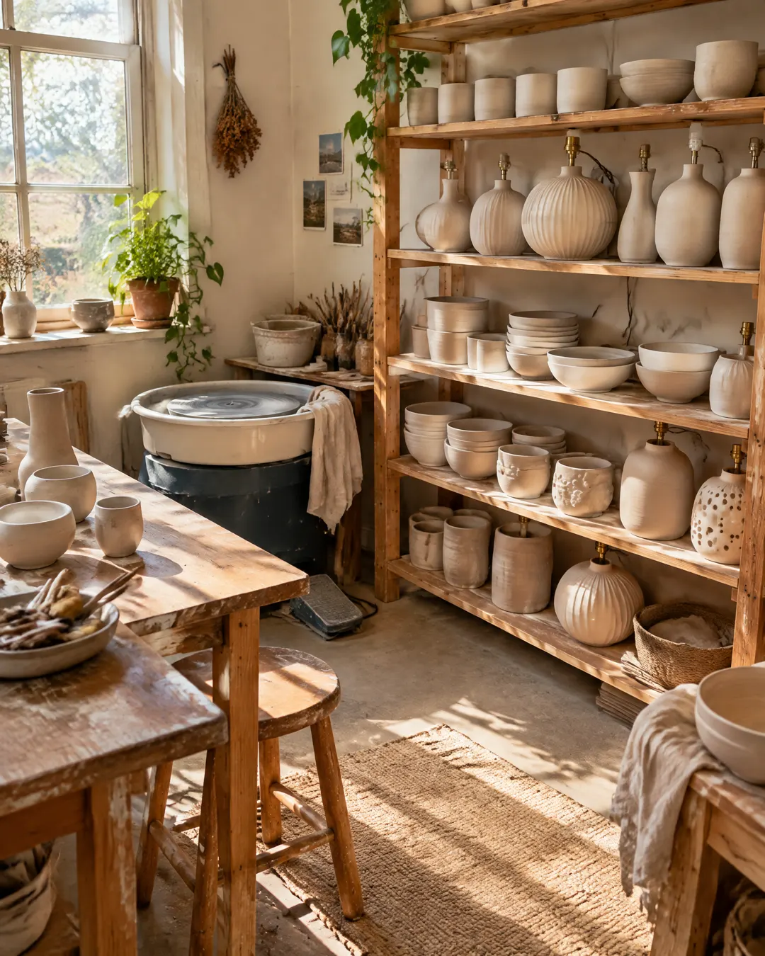 A photo of the pottery studio with the caption: New lamps in the studio this week.
